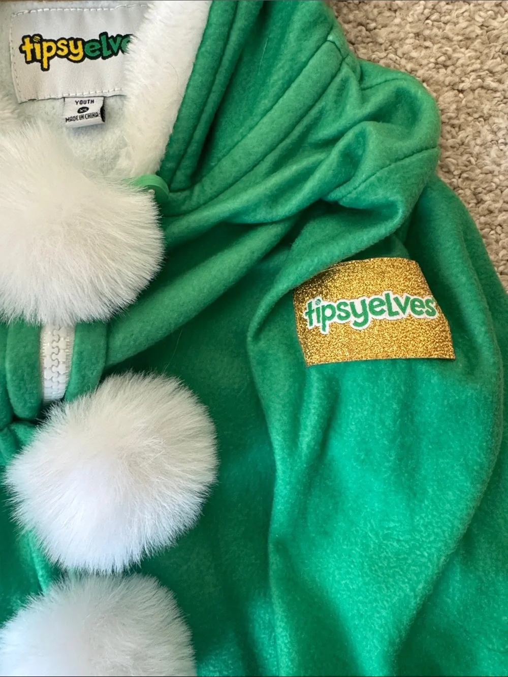 Tipsy Elves - Green & White Elf Onesie with Pom-Pom Hood